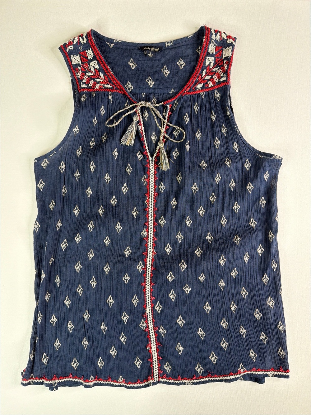 Lucky Brans Navy Embroidered Sleeveless Boho Top